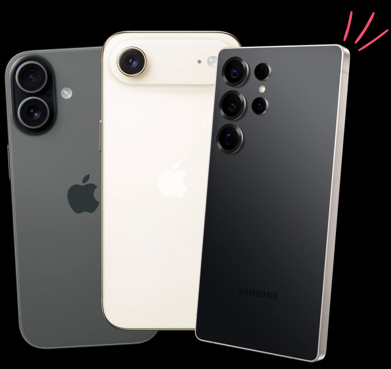 Iphone 16 frente e verso com doodles característicos da identidade visial leapfone